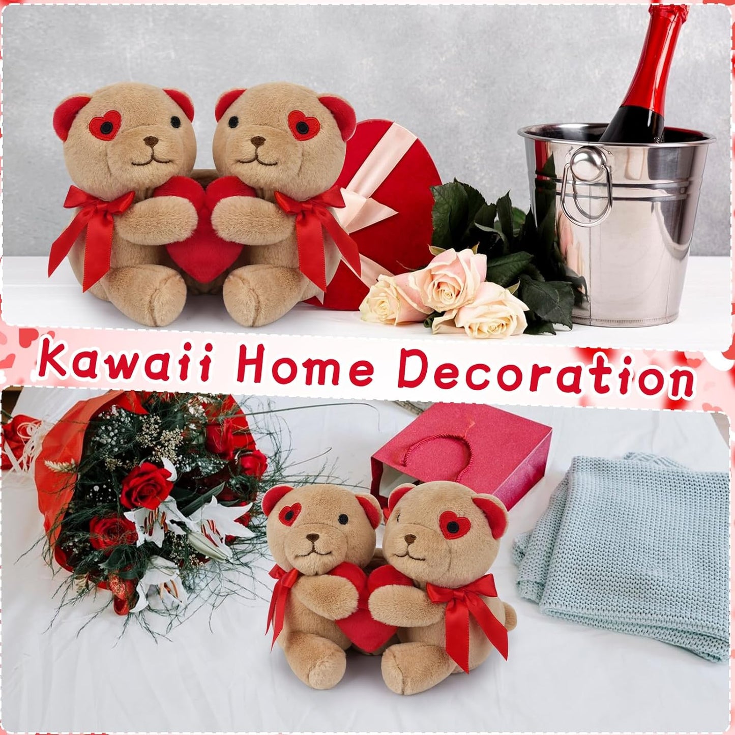 Cute Teddy Bear Stuffed Animals with Red Heart, Couple of Teddy Bear Plush Toy, Kawaii Home Decoration Plush Gift for Kids