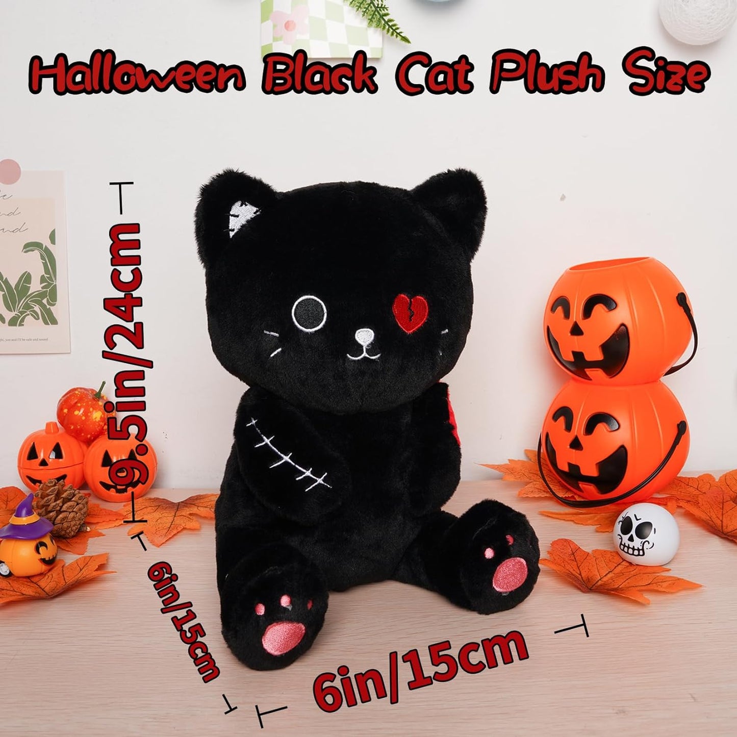 Black Cat Plush, Halloween Cat Plush,Kawaii Black Cat Plushies,Halloween Cat Stuffed Animals,Halloween Black Cat Plushie Doll,Gift for Halloween Christmas