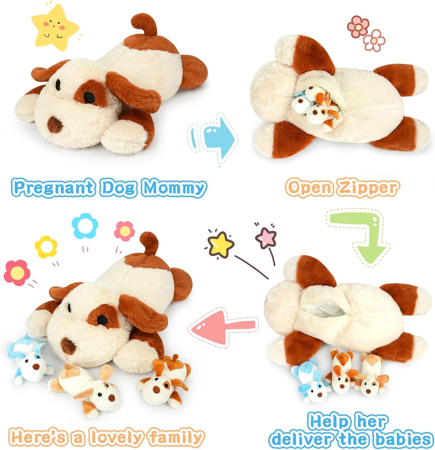 Dog Plush Dog Stuffed Animal Toy, Soft Mommy Dog with 3 Stuffed Puppies in Her Tummy, Cute Dog Stuffed Doll Toy for Kids Boys Girls (Dog Plush Set)