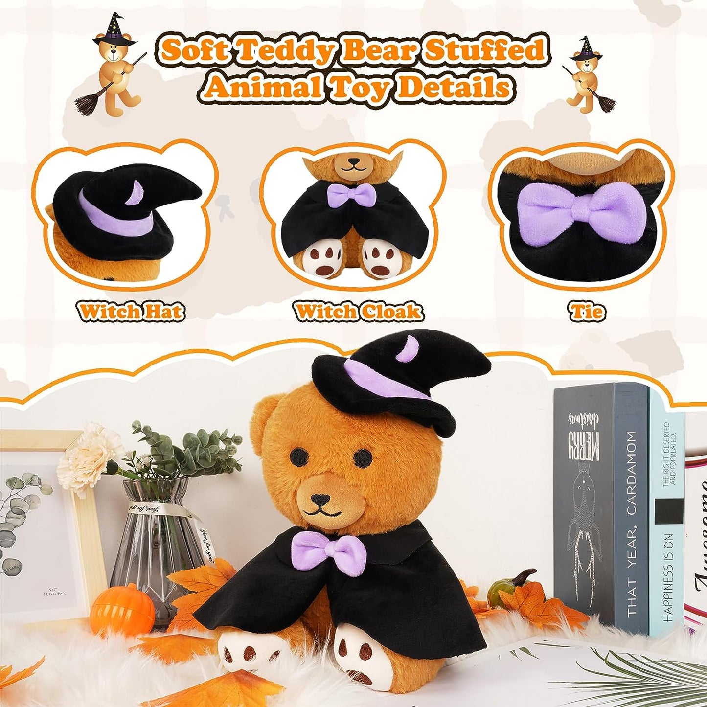 Juguete de peluche de peluche de Halloween, lindo oso de peluche de bruja de peluche, almohada de peluche de Halloween, para decoración de Halloween