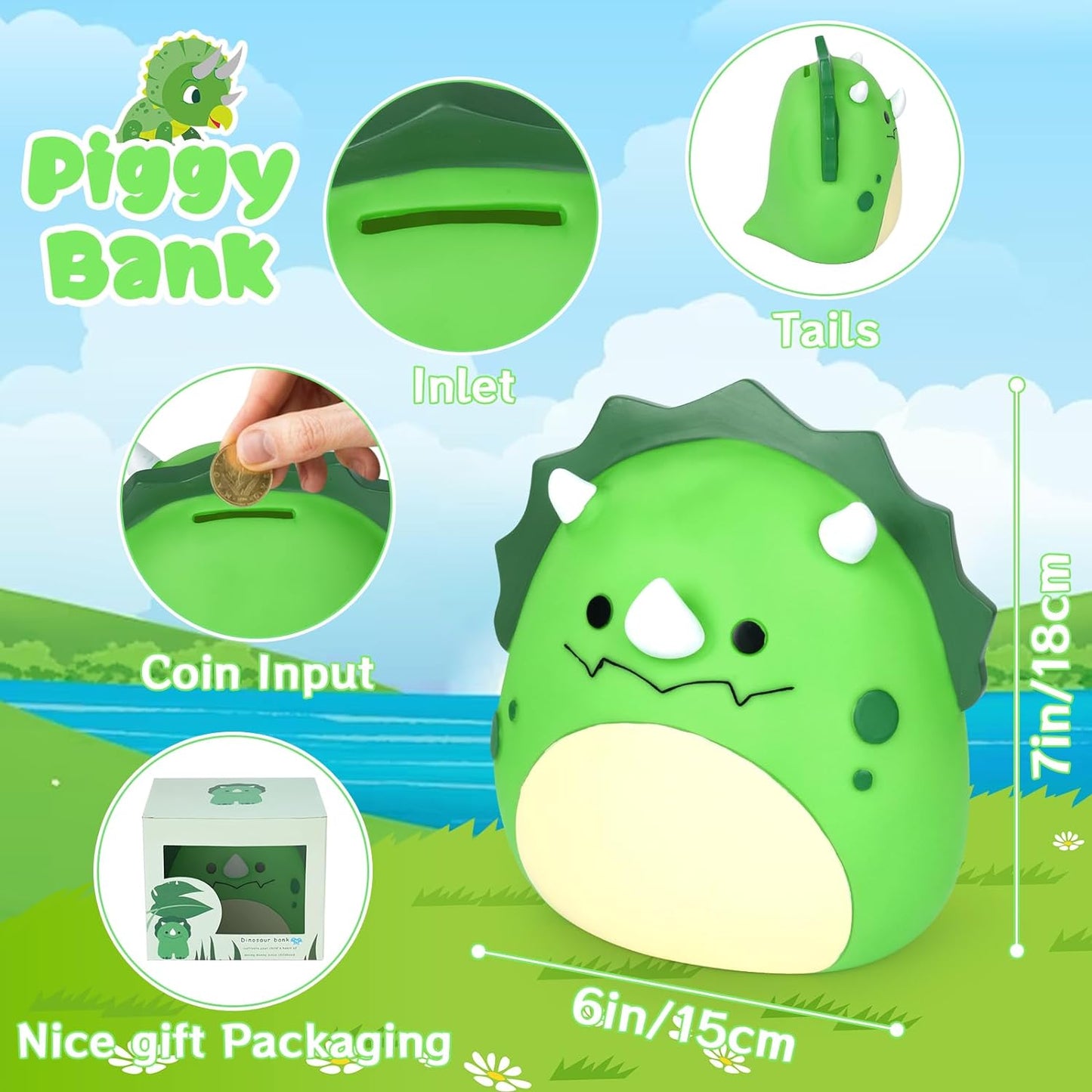 Dinosaur Piggy Bank Girls - Triceratops Piggy Bank for Kids, 7in Green Unbreakable Piggy Bank for Boys & Adults, Cute Coin Bank Gift for Kids Christmas Birthday