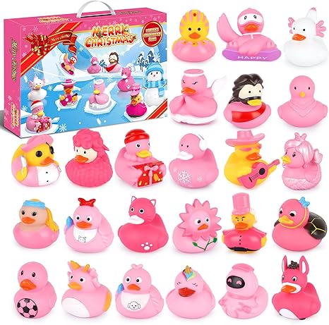 Advent Calendar 2024 Rubber Ducks, 24 Pcs Pink Christmas Ducks Countdown Toys, 24 Days of Christmas Rubber Duck Set, Bath Toys Fun Xmas Gift for Kids Boys Girls, Christmas Party Favors
