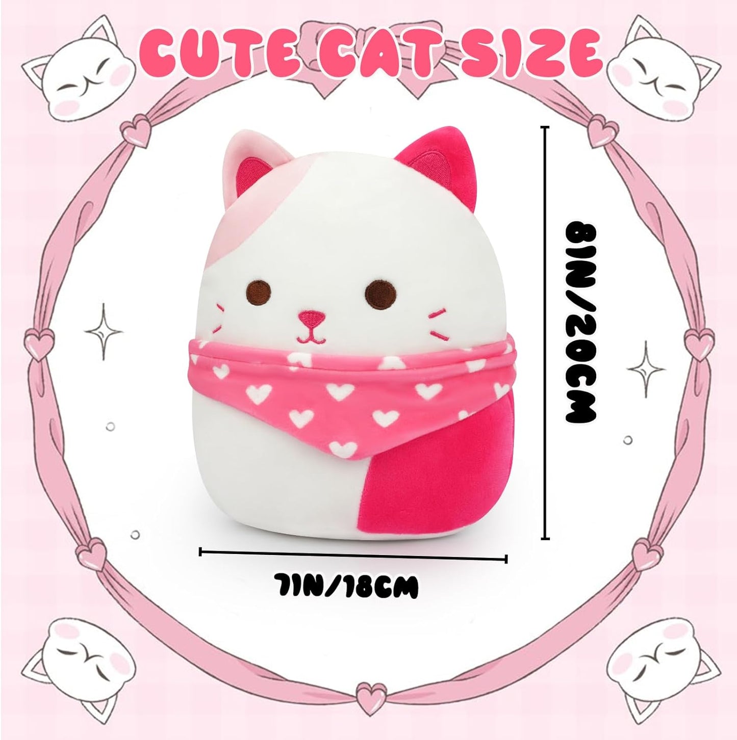 Cat Stuffed Animal Cute Cat Plush Toy, 8in Valentine's Day Love Cat Plush Doll, Kawaii Cat Plush with Collar Scarf, Cute Plushies Gifts for Kids Girlfriends