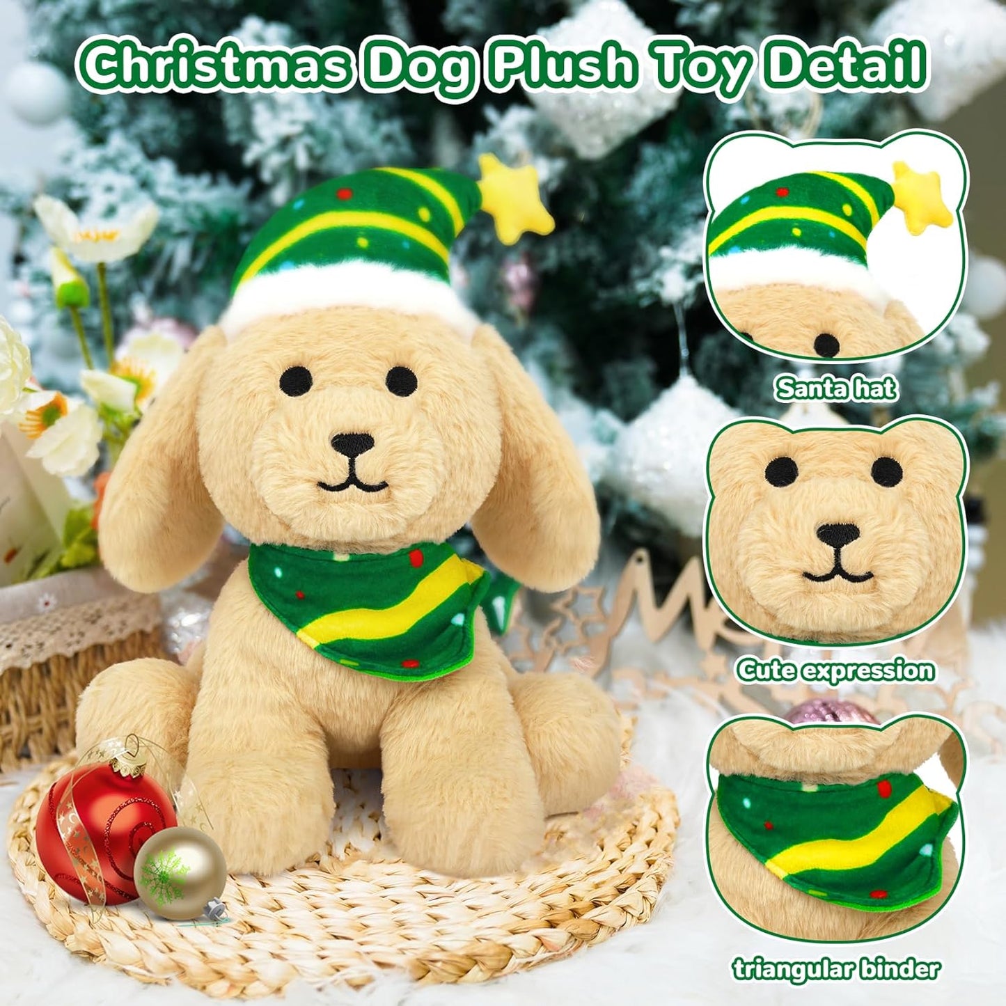 Dog Plush Christmas Dog Stuffed Animal Toy, Soft Dog Plushie Pillow, Cute Green Hat Dog Stuffed Doll Toy for Kids Boys Girls Kawaii Christmas Decoration (Green Hat)