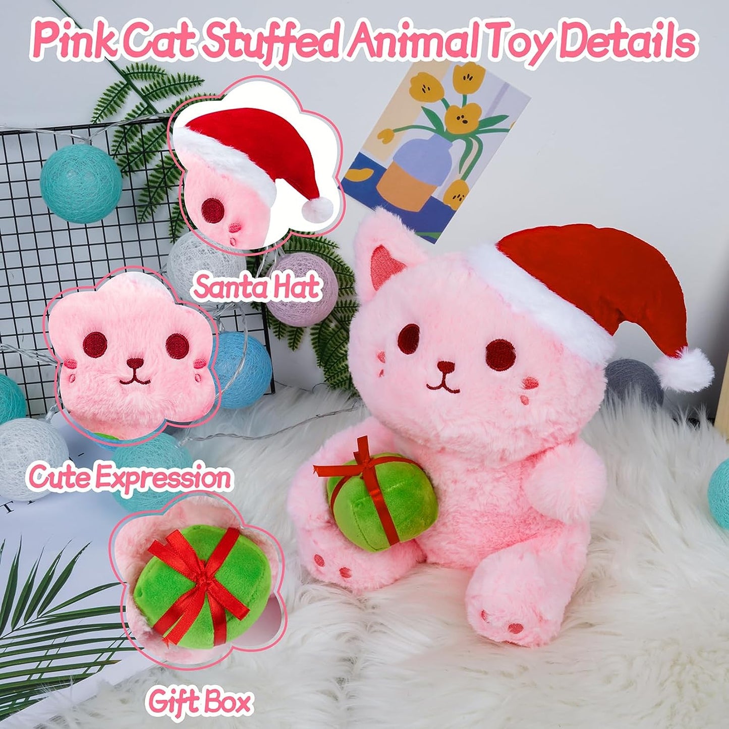 Juguete de peluche de gato rosa de peluche, suave almohada de peluche de gato de Navidad, lindo juguete de peluche para niños y niñas, decoración navideña kawaii