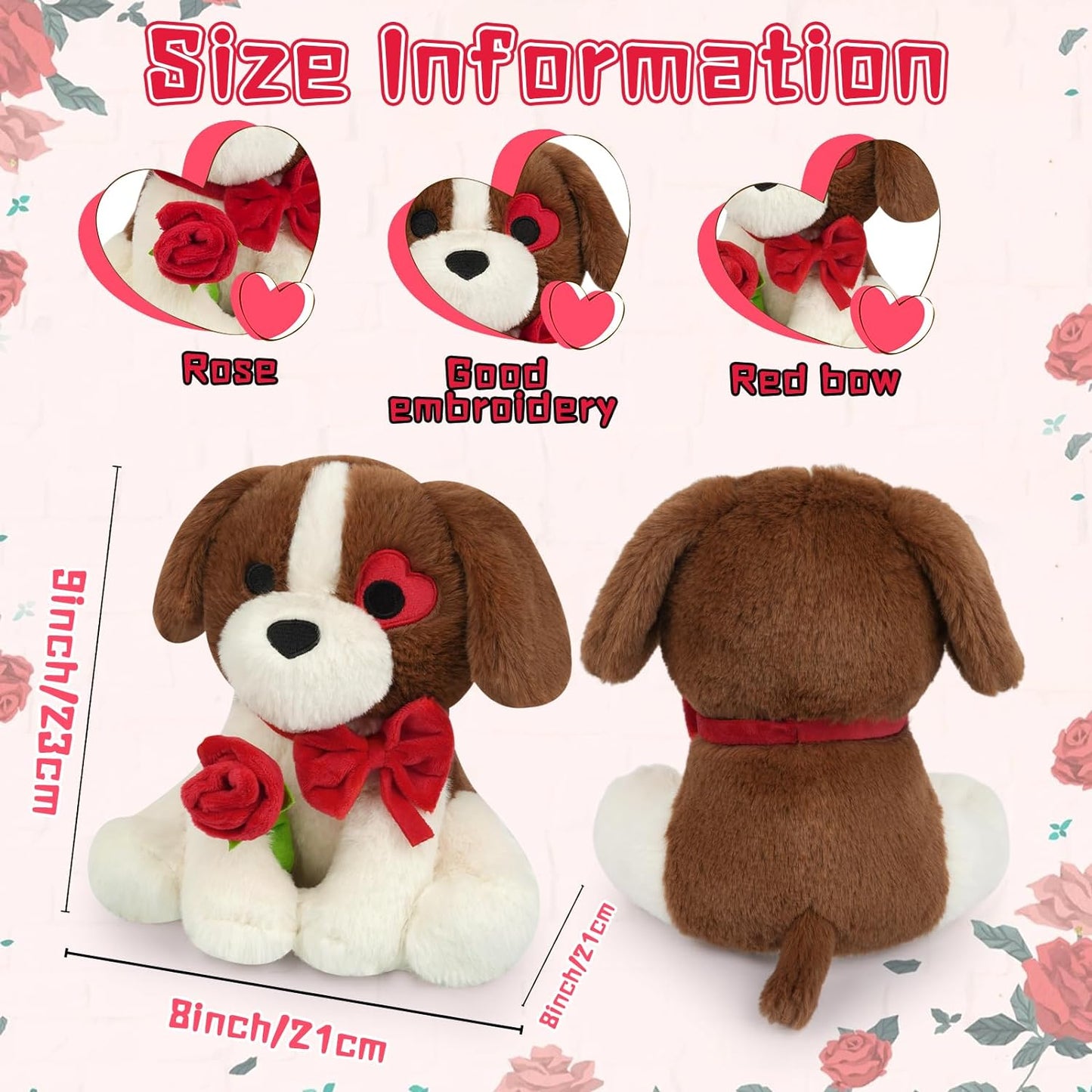 Dog Stuffed Animal, 9inch Beagle Dog Plush with Red Rose for Valentine Day, Cute Valentines Dog Stuffed Animal Beagle Plush, Christmas Valentines Plush for Girlfriend,Lover,Kids