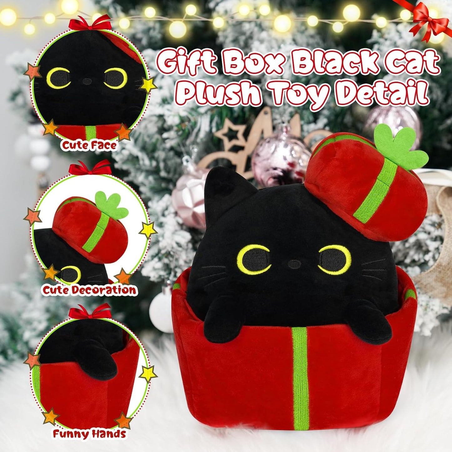 Black Cat Plush Cat Stuffed Animal Toy, Soft Cat Plushie Pillow, Cute Stuffed Black Cat Doll Toy for Kids Boys Girls Kawaii Christmas Decoration (Gift-Box Cat)