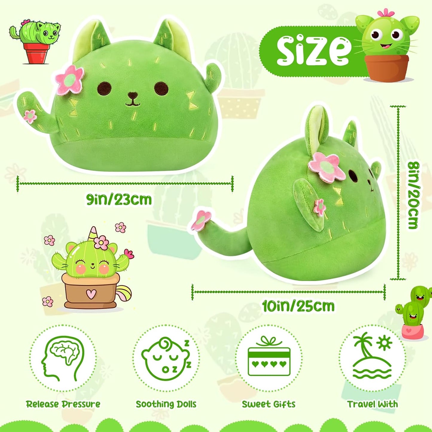 Cat Stuffed Animal Cute Cat Plushies, 8” Kawaii Cactus Plush Plant Plush Toys, Soft Cute Cactus Cat Plush Cactus Pillow, Cute Green Cactus Cat Plush Toy Gift for Kids Boys Girls