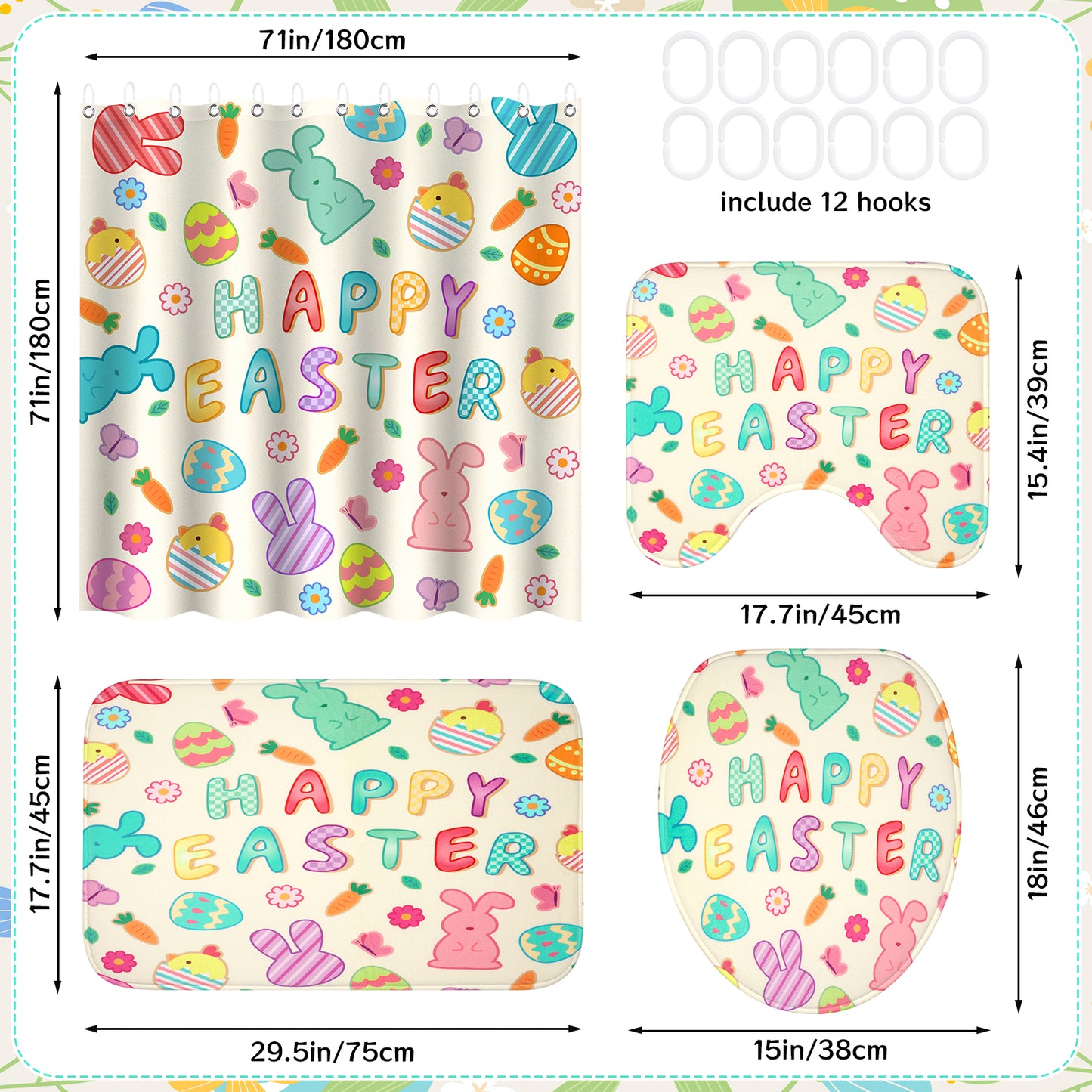 4Pcs Easter Shower Curtain Set with Non Slip Rugs, Toilet Lid Cover and Bath Mat, Easter Bathroom Decor Spring Bathroom Set, Bunny Shower Curtains with 12 Hooks