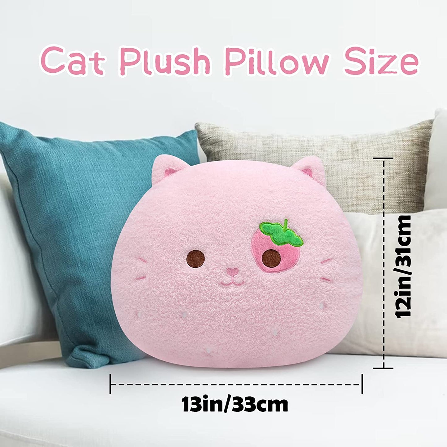 Cat Plush Pillow, Soft Cat Hugging Pillow Plush, Strawberry Cat Stuffed Animal, Cute Pink Plush Cat Cuddle Cushion Pillow Kitten Kawaii Stuffy Plushie Gifts for Kids