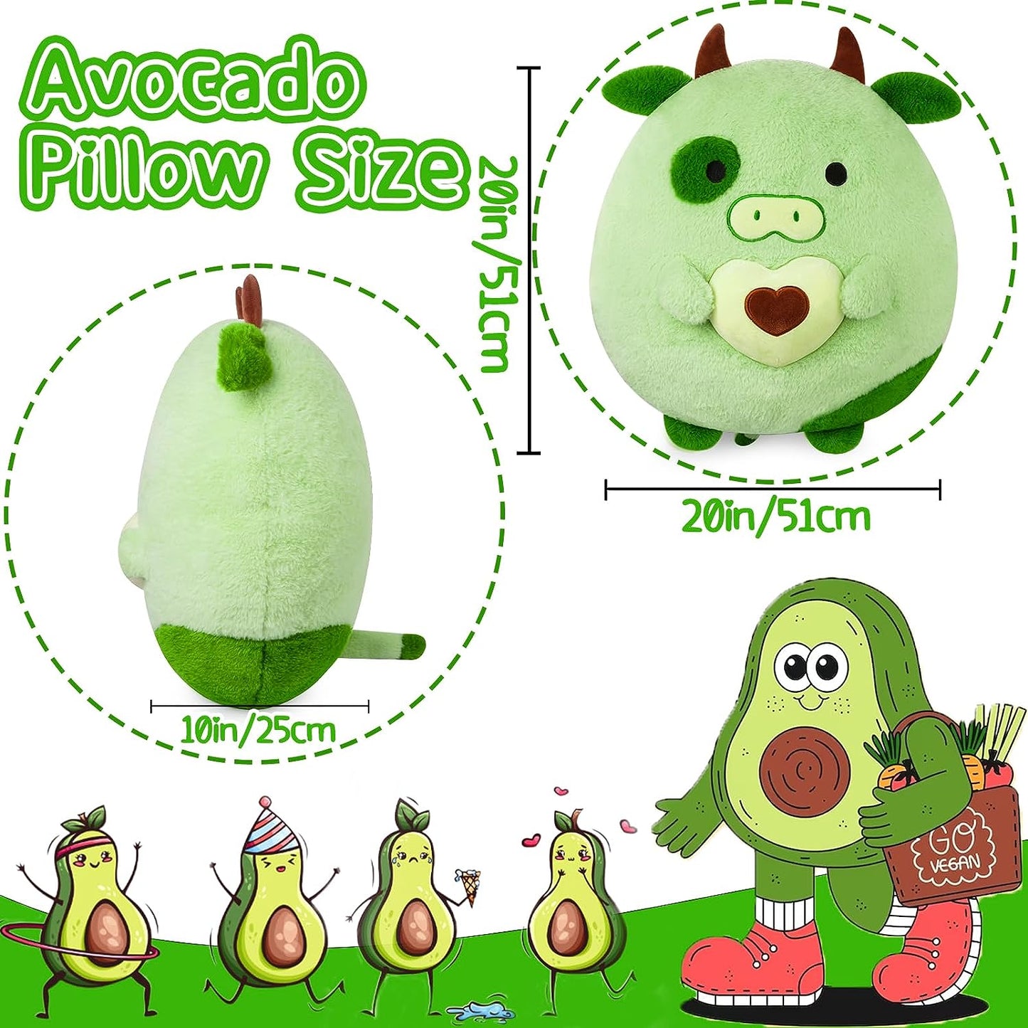 Almohada gigante de peluche de aguacate verde linda vaca