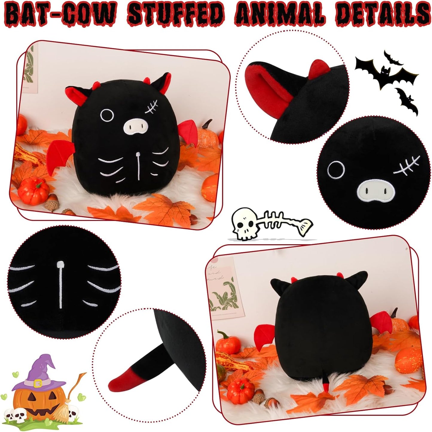 Cow Plushie Halloween Cow Stuffed Animal Toy, 20cm Cute Black Cow Stuff Plush Pillow, Kawaii Home Decor Halloween Bat Plush Doll Gift for Kids Boys Girls