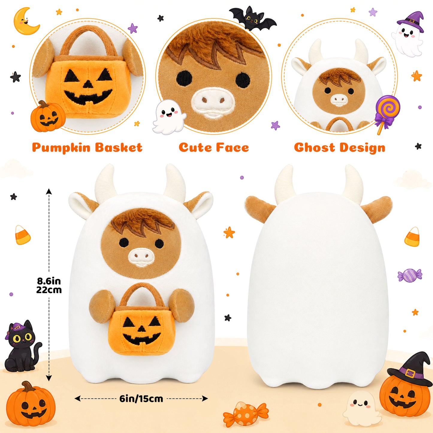 Halloween Stuffed Animal, 8 Inch Halloween Plush Ghost Highland Cow Plush Ghost Cow Plush Toy with a Pumpkin Basket, Soft Ghost Pillow Plush Cow for Kids, Halloween Gifts Boo Basket Stuffers