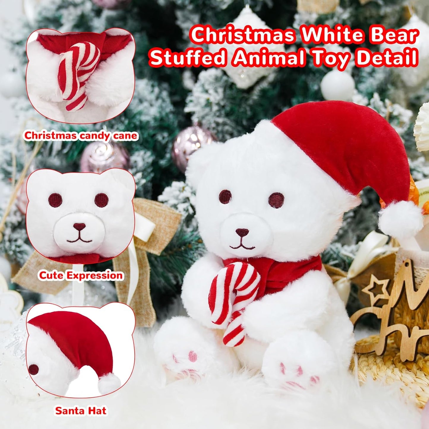 Christmas Plush Christmas Stuffed Animal Toy, Soft Christmas Plushie Pillow, Cute Stuffed Doll Toy for Kids Boys Girls Kawaii Christmas Decoration (White Bear)