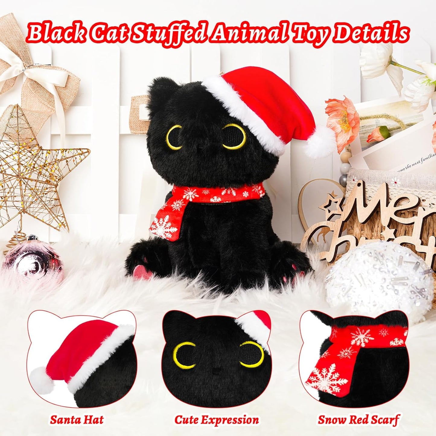 Black Cat Plush Pillow, Cute Christmas Plush Black Cat Stuffed Animals Toy for Kids, Soft Stuffed Cat Doll for Girls Boys, Kawaii Home Decortaion