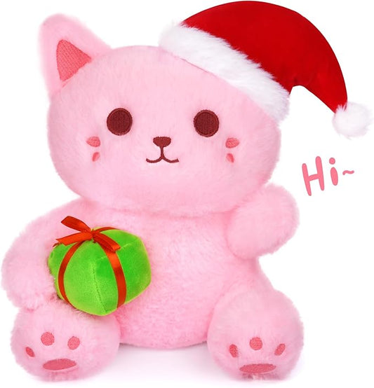 Christmas Stuffed Animal Pink Cat Plush, Cute Cat Stuffed Animal with Gift Box Plush for Kid, Kawaii Cat Plushie Toy for Kids Boys Girls Cartoon Christmas Decoration