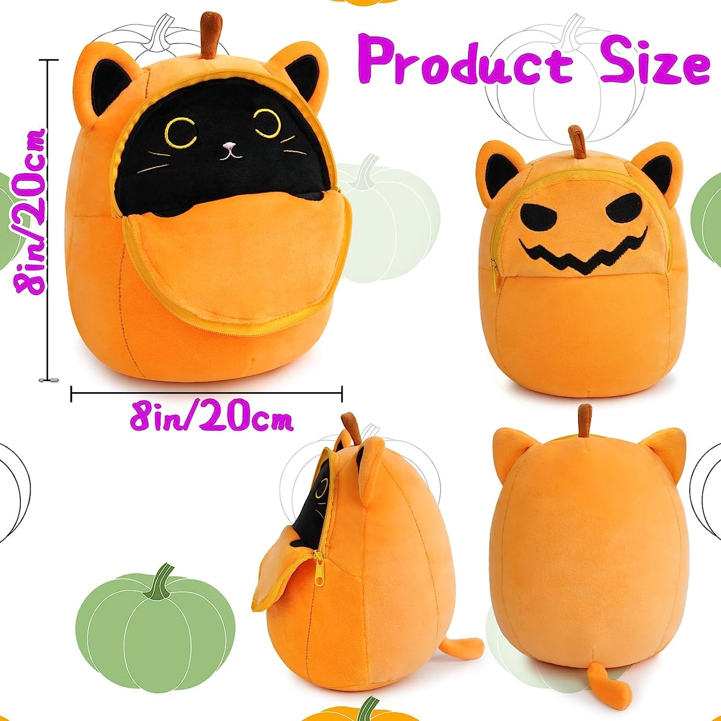 Almohada de juguete de peluche de 8 pulgadas, linda felpa de calabaza de Halloween, gato de calabaza Kawaii, juguete de peluche de gato de calabaza suave de Halloween, regalo para niños, cumpleaños, Halloween