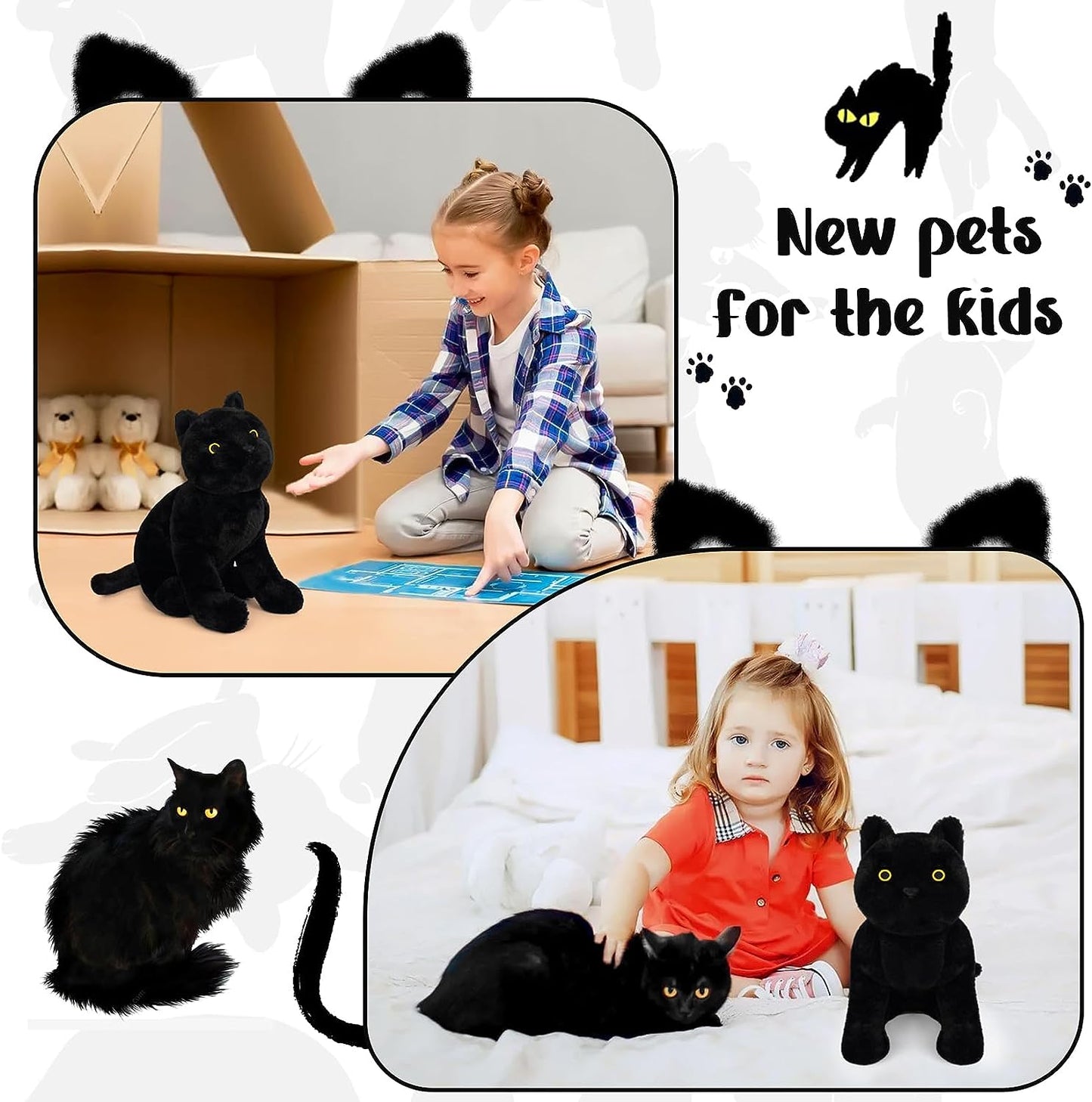 Juguete de peluche de gato negro, suave almohada de peluche de gato negro, lindo juguete de peluche para niños y niñas