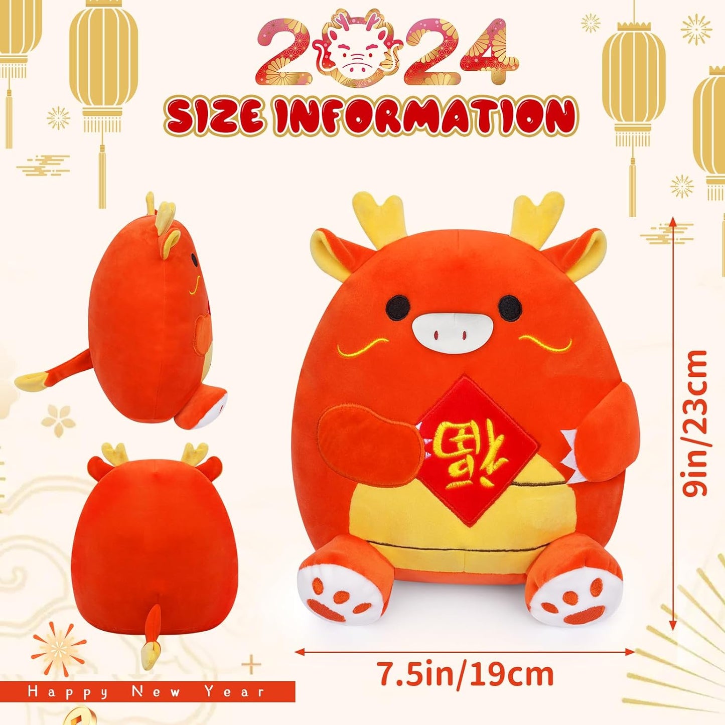 Chinese New Year Dragon Plush, 9inch Chinese Zodiac Dragon Stuffed Animal, 2024 Chinese New Year Decoration，New Year Gifts for Kids, Boys and Girls