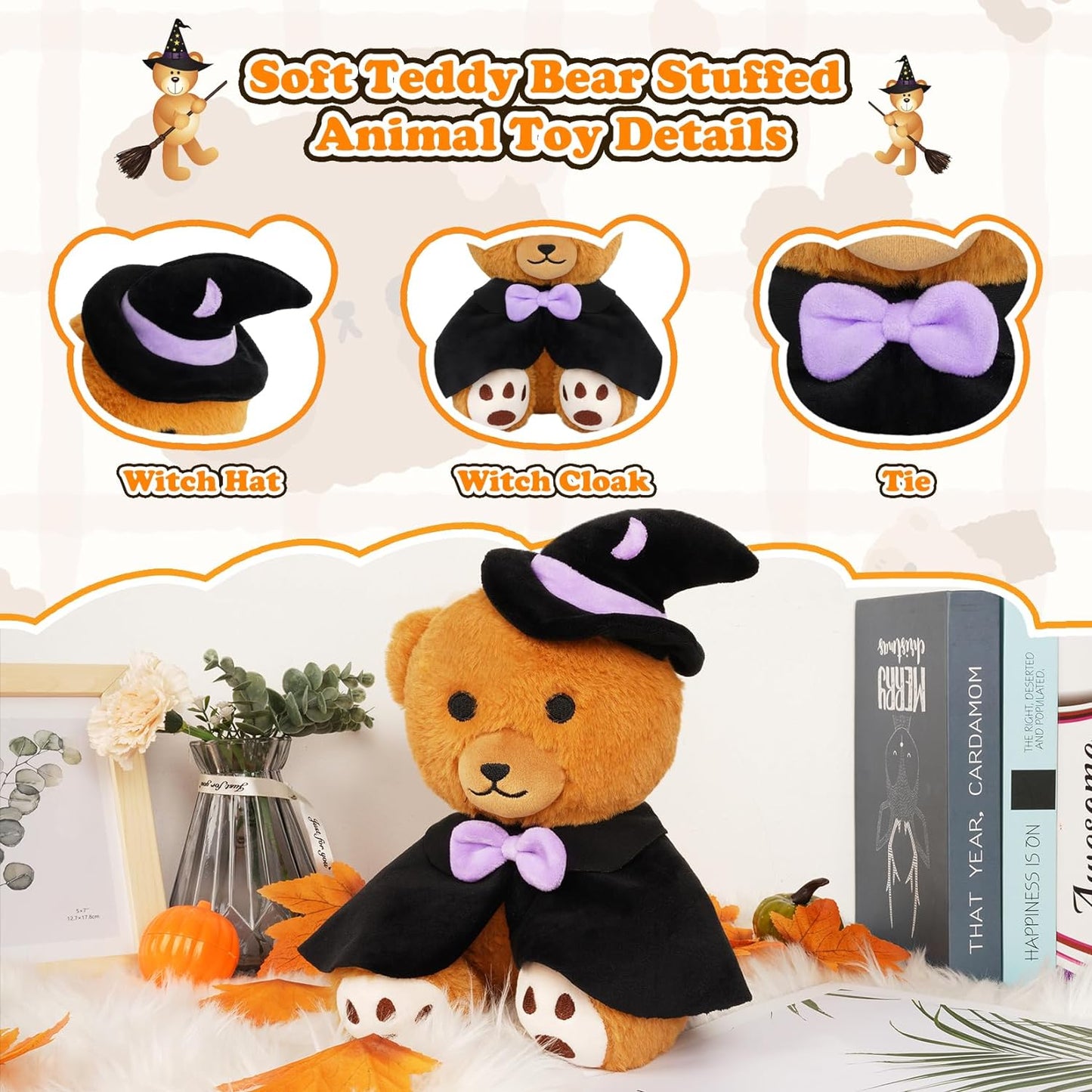 Plush Teddy Bear Stuffed Animal Toy, Cute Witch Teddy Bear Plush Pillow Halloween Stuffed Animal Teddy Bear, for Kids Halloween Decoration…