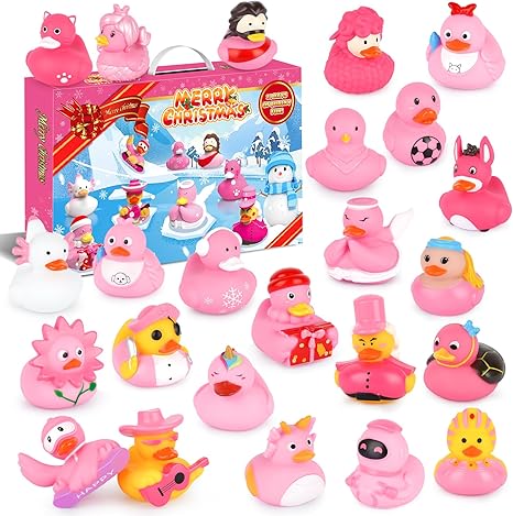 Rubber Duck Advent Calendar 2024, 24 Days Countdown Calendar for Girls Kids Toddler, Fun Pink Duckie Jeep Ducks Christmas Duckie Bath Toy, Christmas Gift Xmas Party Favor Gifts