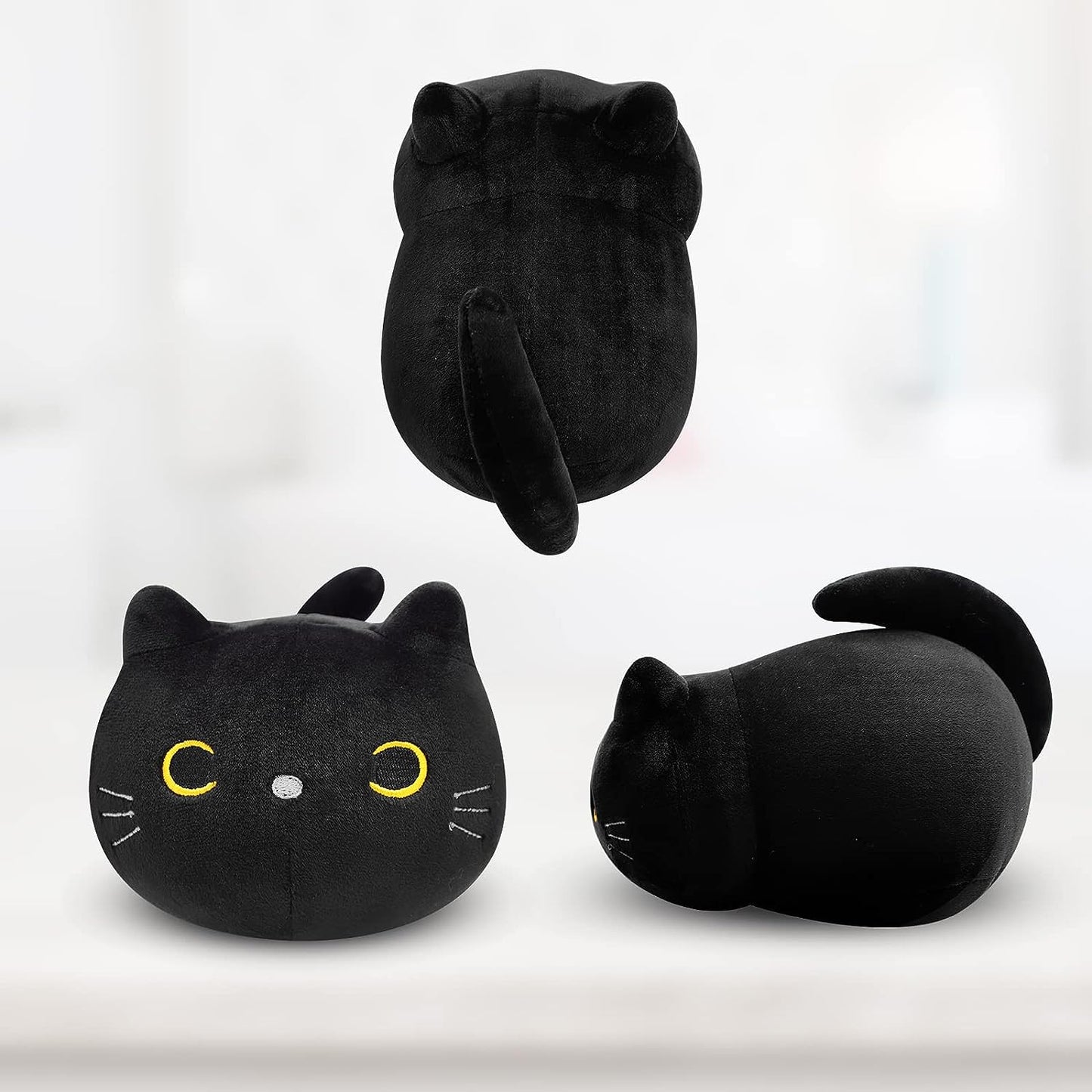 Black Cat Plush, 3D Cat Stuffed Animal Toy Pillow, Kawaii Cat Pillow Black Cat Plushies Cute Round Eyes Kitten Plush Doll Toy for Boys Girls Kids