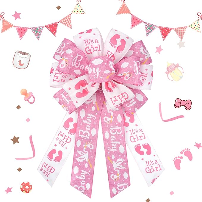 Baby Shower Wreath Bows, Gender Reveal Decorations Baby Pink Bows Tree Topper, Pink Wreath Bows for Front Door, Indoor Outside, Welcome Home Baby Shower Decorations Party Favors