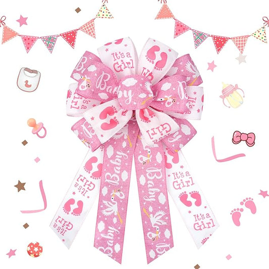 Baby Shower Wreath Bows, Gender Reveal Decorations Baby Pink Bows Tree Topper, Pink Wreath Bows for Front Door, Indoor Outside, Welcome Home Baby Shower Decorations Party Favors
