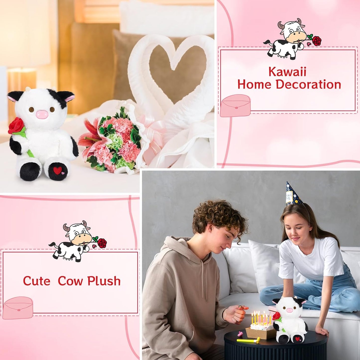 Cute Black Cow Plush Pillow Toy Valentine's Day Plush Cow Doll, Valentine's Cow Stuffed Animal Toys, Valentine's Day Gift for Girlfriends (Pink Cow)