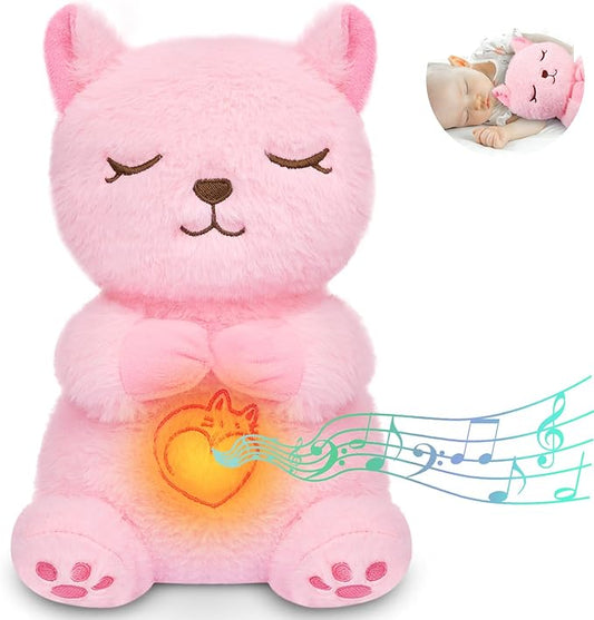 Breathing Stuffed Animal,Pink Cat Plush Baby Toy, Soothing Stuffed Animal for Anxiety Kids, Sound Machine with Music Lights & Breathing Motion for Newborns