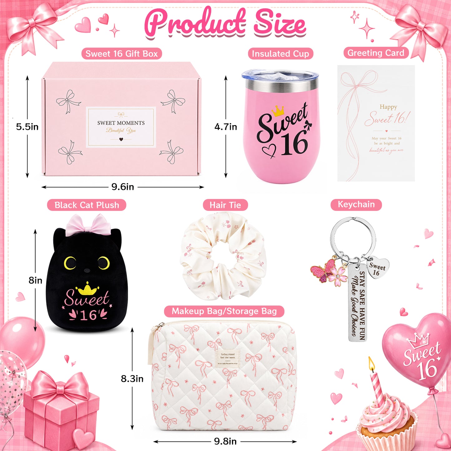 Sweet 16 Gifts for Girls, 16 Year Old Girl Gifts, 7PCS Sweet 16 Gifts with Black Cat Plush, Tumbler, Keychain, Makeup Bag, 16th Birthday Gifts for Girls, 16th Birthday Decorations