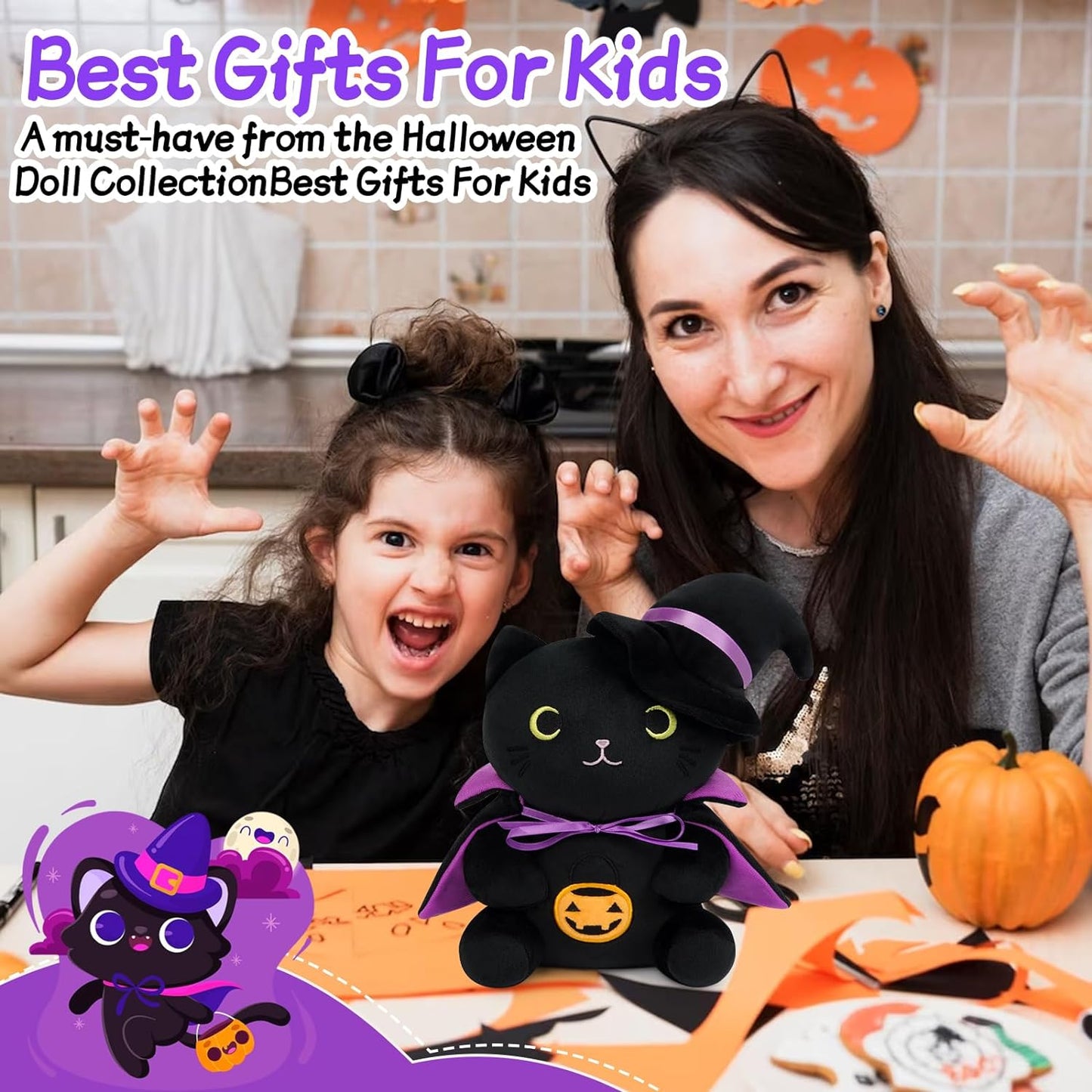 Halloween Plush Black Cat Plush - 9inch Halloween Black Cat Stuffed Animal Witch Cat Plushie - Cute Halloween Stuffed Toys Decorations Halloween Plushies Gift for Kids