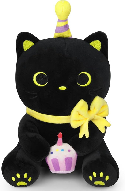 Black Cat Plush Toys, 8" Kawaii Cat Stuffed Animal, Cute Happy Birthday Black Cat Plushies, Soft Stuffed Cat Birthday Plush Doll Gift for Kids Christmas Birthday
