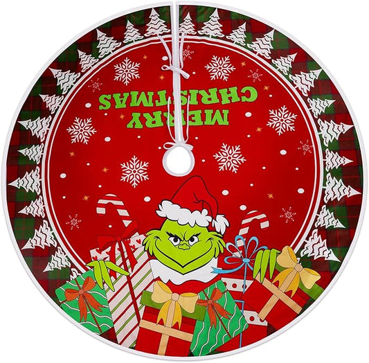 Christmas Tree Skirt 48 Inch, Merry Christmas Large Red Tree Skirt with Green Monster Soft and Funny, Home Decorations for Xmas New Year Holiday Party Farmhouse Decoration