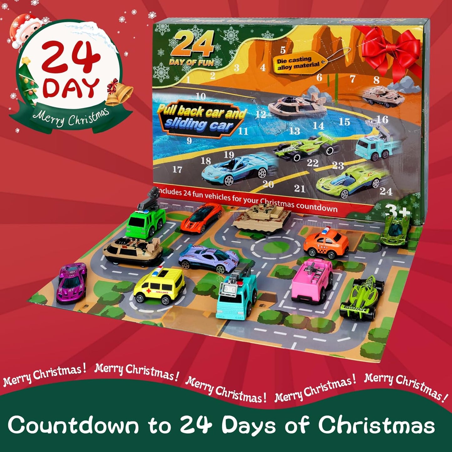Christmas Advent Calendar 2023, 24pcs Advent Calendar Car Toy, Cars Racing Engineering Cars with Game Map, Kids Advent Calendar Toys Gift（Pull-back type）