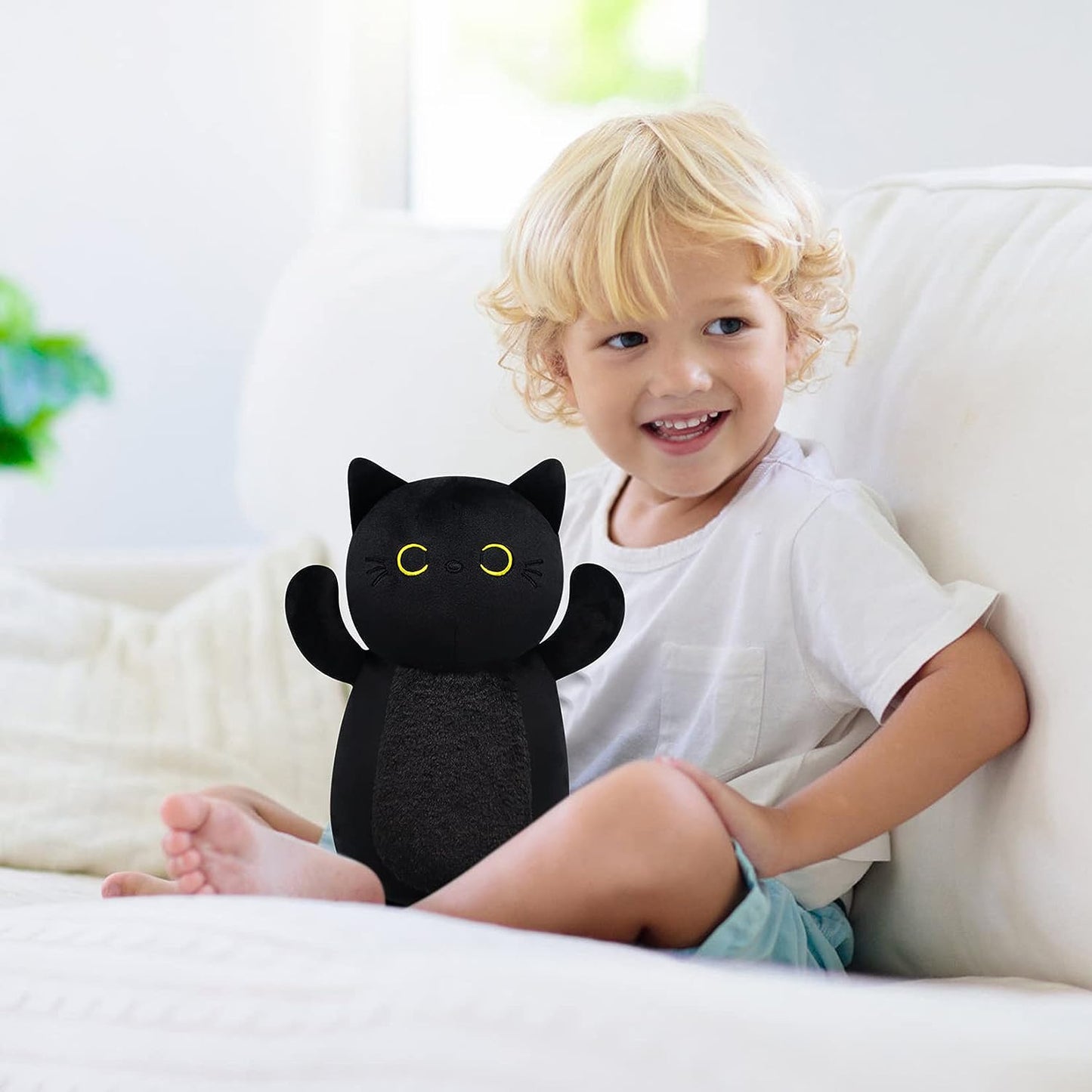 Black Cat Plush Toy Black Cat Plush Pillow，Cute Soft Black Cat Stuffed Animals Plush Cat Plushie，Kawaii Plush Doll Black Cat Gifts for Kids Boys Girls Birthday Christmas Decorations