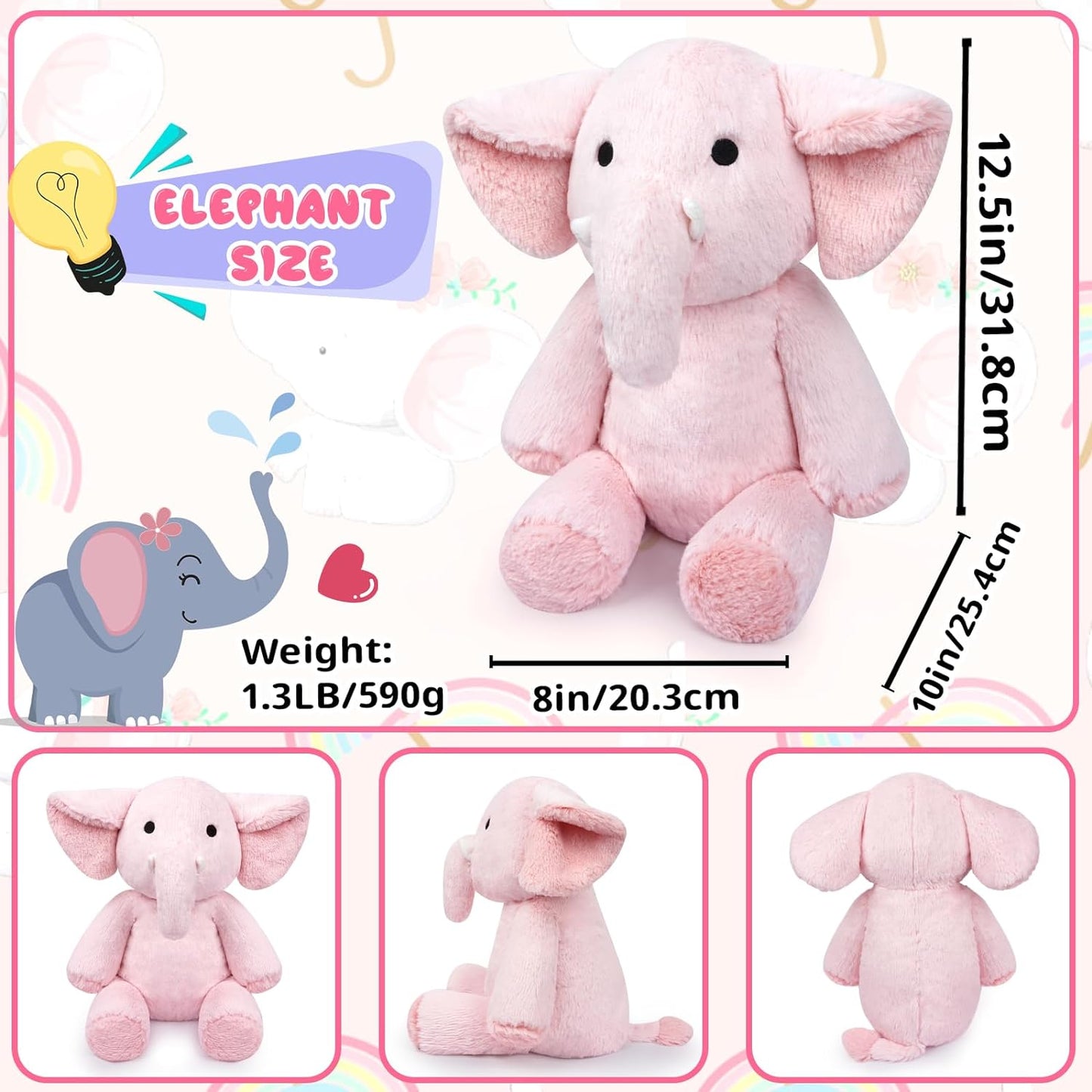 Weighted Stuffed Animals, 13in | 1.3lbs Weighted Pink Elephant Plush Toy, Kawaii Weighted Plush Elephant Stuffed Animals, Soft Stuffed Elephant Throw Pillow Gift for Kids & Adults