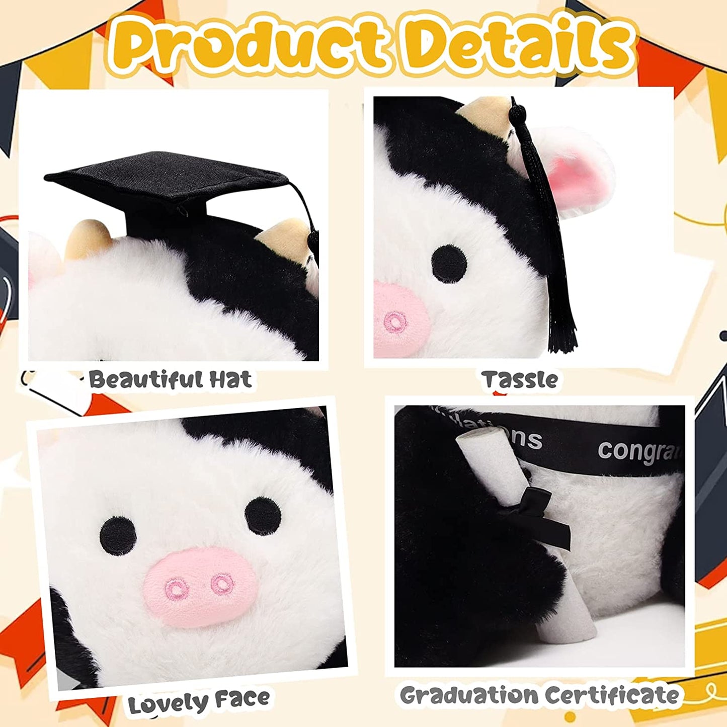 Cow Stuffed Animals Cow Plush Pillow, Cow Graduation Plush Black Cow Plushie, Graduation Cow Plush Toy White Stuffed Animal Cow for Girls Boys Graduation Party College Graduation Gift