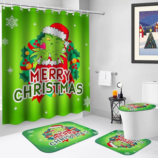4Pcs Christmas Shower Curtain Set, Funny Christmas Bathroom Sets with Waterproof Shower Curtain, Non Slip Rugs, Toilet Lid Cover, Bath Mat, Xmas Gifts Bathroom Decor with 12 Hooks 71'' x 71''