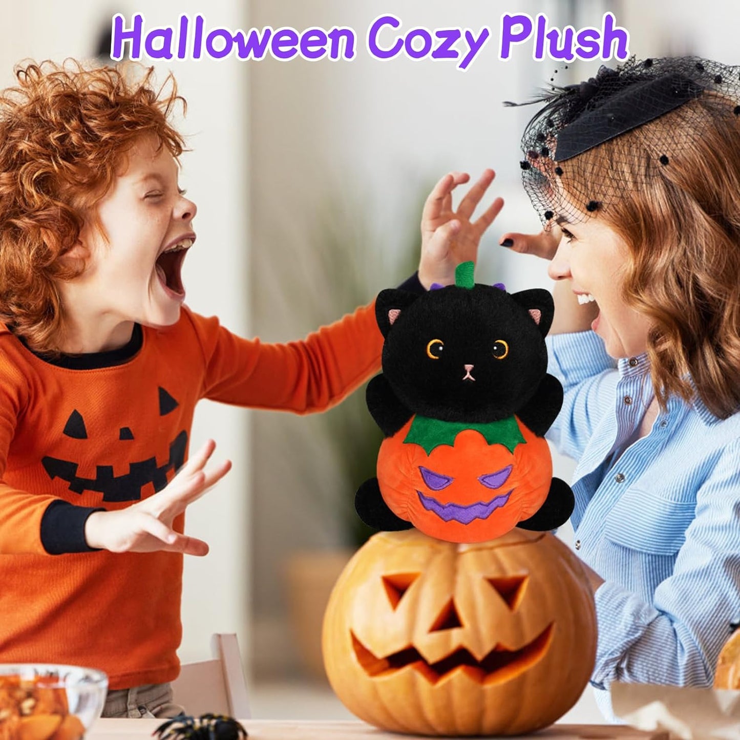 Black Cat Plush Halloween Pulsh, 8 inch Cute Pumpkin Pillow Halloween Stuffed Animals, Kawaii Black Cat Plush Pillow, Halloween Decoration Soft Cat Plush Toys for Kids