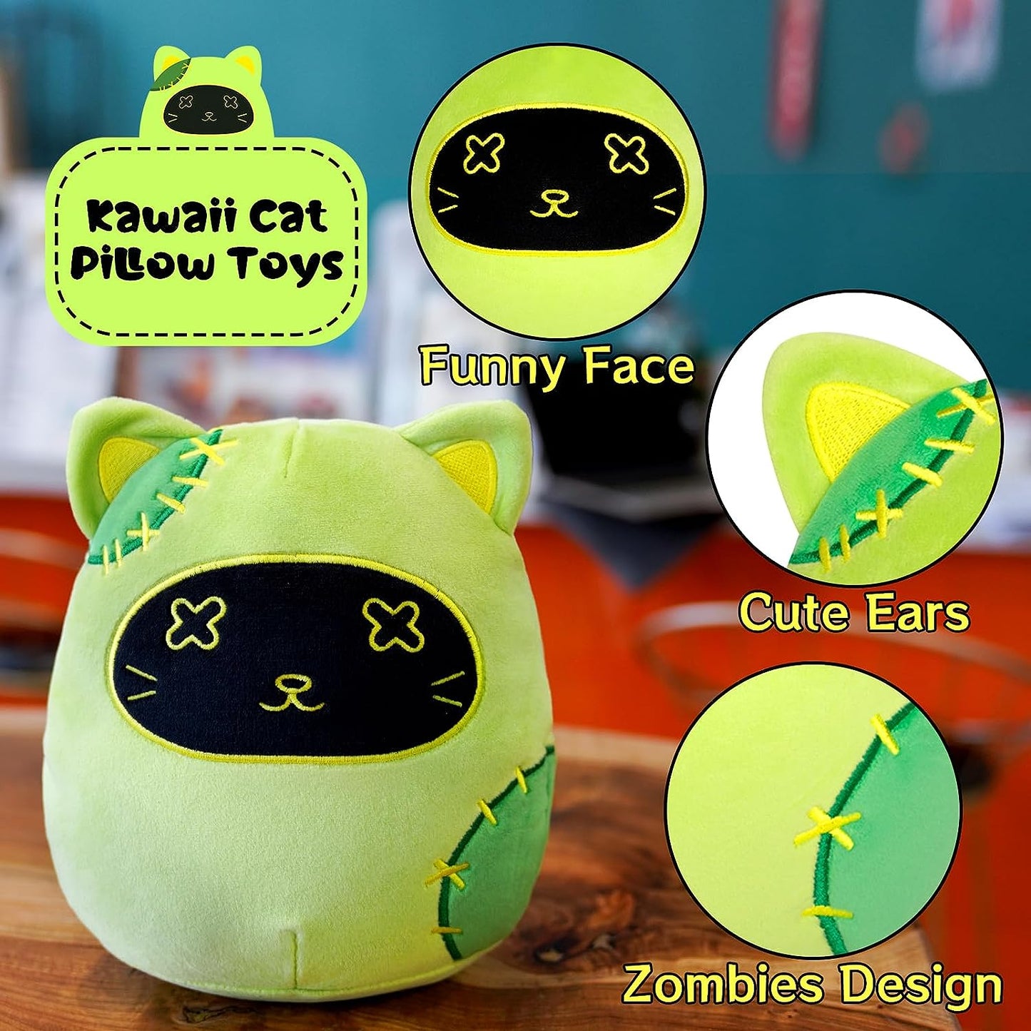 Green Cat Plush, Halloween Cat Plush Doll, Halloween Stuffed Animal Cat Plushie, Kawaii Halloween Plush, Halloween Cat Plush Pillow for Boys Girls