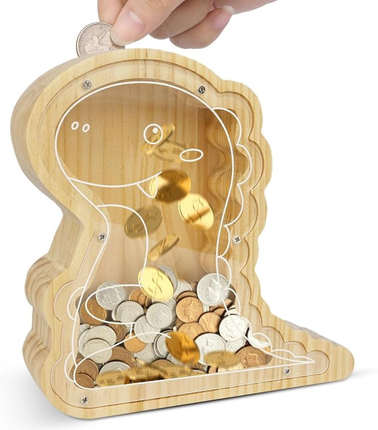 Dinosaur Piggy Banks for Kids,Wooden Money Saving Box,Kids Money Box,Unbreakable Cash Saving Box,Christmas Birthday Gift for Boys and Girls