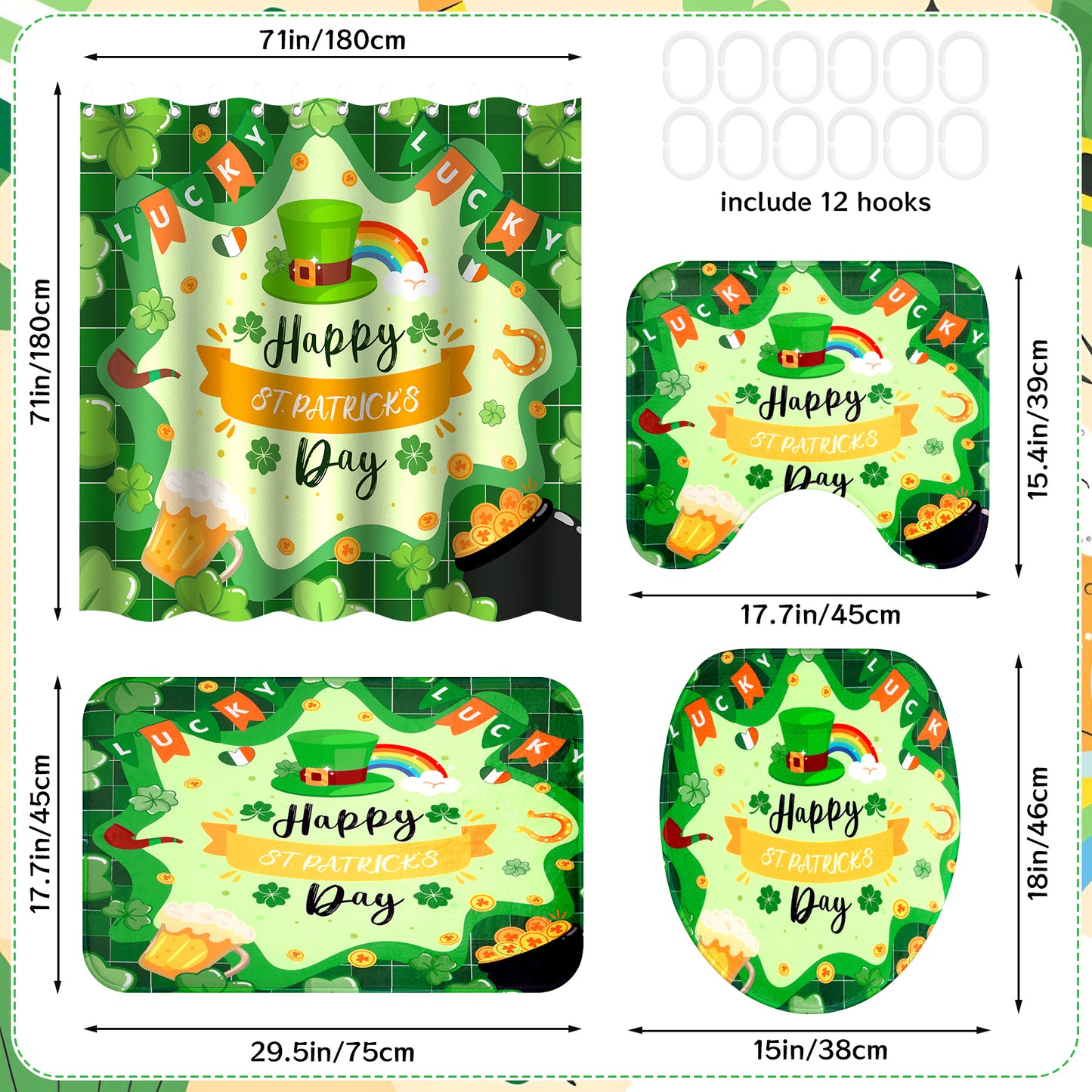 St Patricks Day Shower Curtain Set, 4pcs Happy St Patricks Day Shower Curtain with Non Slip Rugs, Toilet Lid Cover and Bath Mat, Green Shamrock Waterproof Fabric Bathroom Curtain