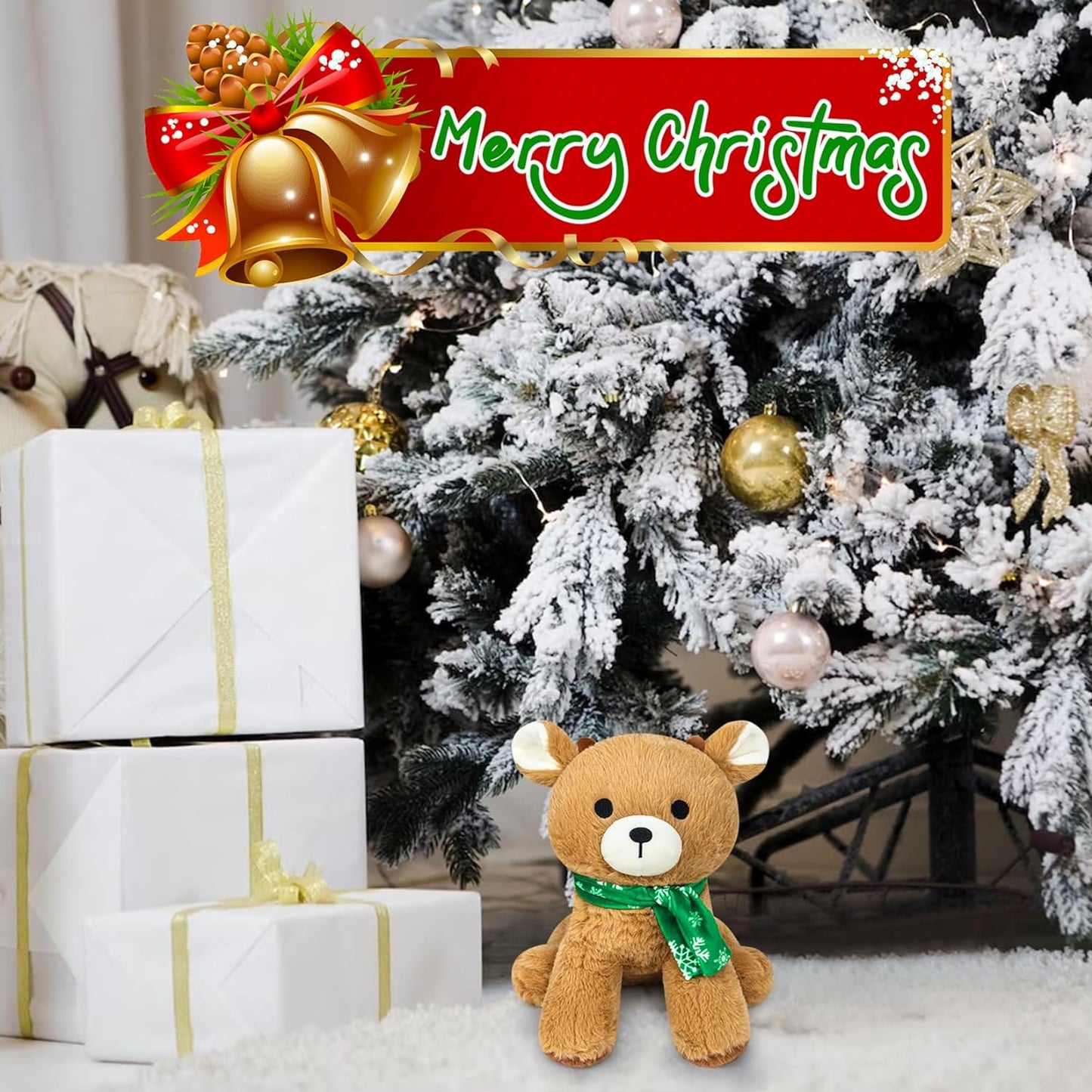 Christmas Reindeer Plush, 10inch Cute Deer Plush, Christmas Stuffed Reindeer Plush Toy with Green Scarf, Christmas Plush Toys for Kids Christmas Decor Animals