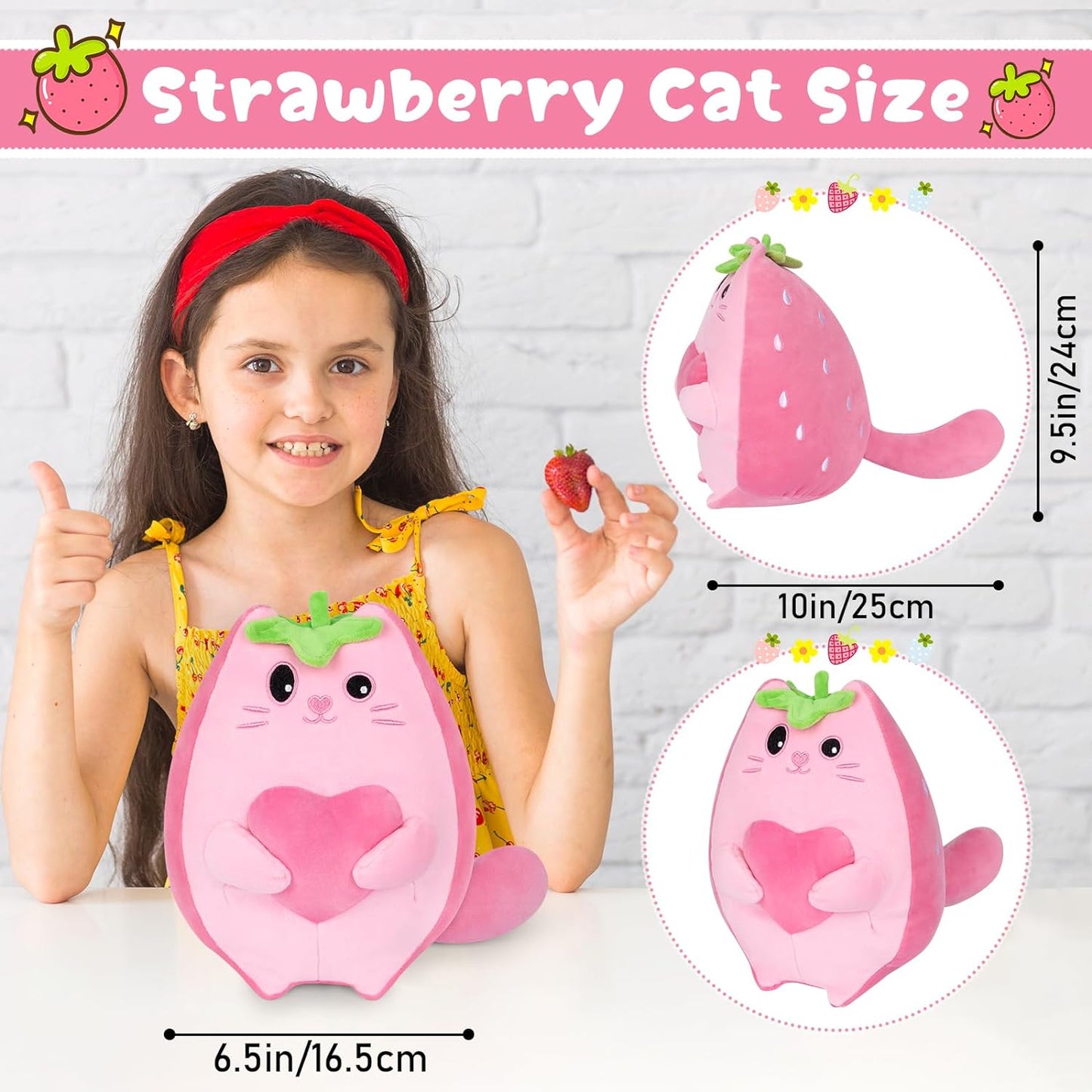 Almohada de peluche de fresa de gato de fresa, lindo juguete de peluche de gato de fresa Kawaii, muñeca de felpa de gato de fresa, suave y lindo regalo para niños y niñas