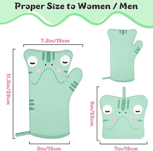 Oven Mitts and Pot Holders 4 Pcs Set,Frog Oven Mitts,Heat Resistant Long Oven Gloves and Potholder with Cotton Hanging Loop,Cute Cooking Gloves for Cooking Baking (Green)