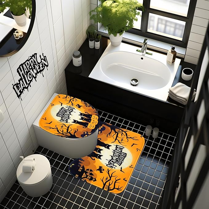 Halloween Shower Curtain Set for Bathroom, 4Pcs Pumpkin Bathroom Sets with Waterproof Shower Curtain, Non Slip Rugs, Toilet Lid Cover, Bath Mat, Halloween Bathroom Decor with Curtain Hooks