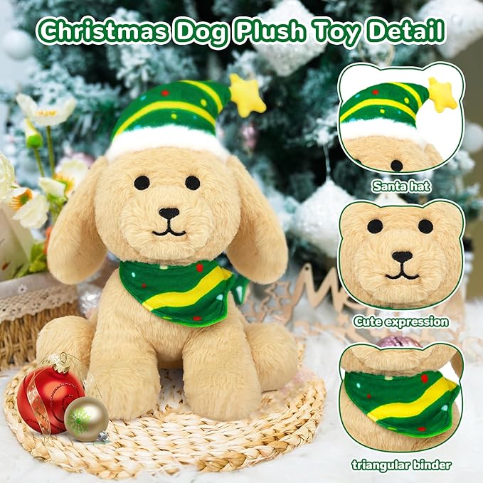 Dog Plush Christmas Stuffed Animal Plush Toy, Cute Christmas Plush Dog Stuffed Puppy Doll for Kids Boys Girls, Kawaii Christmas Decor (Green Hat)