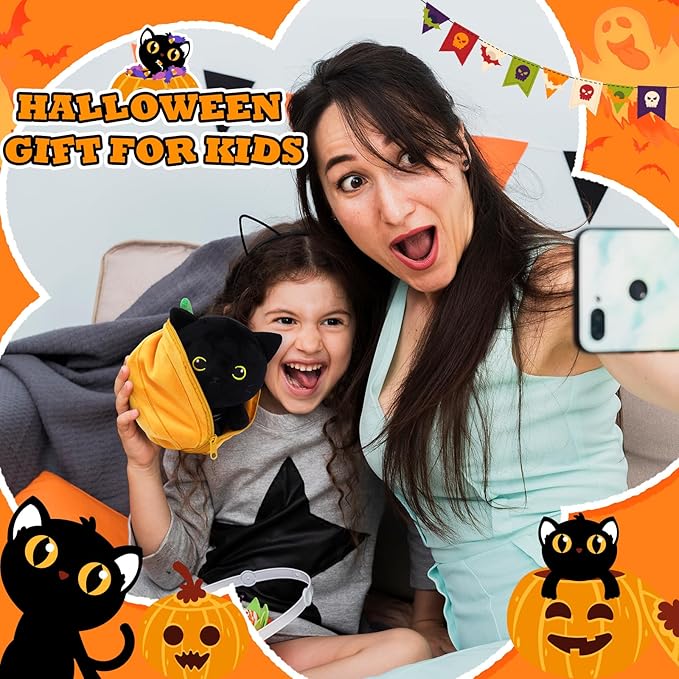 Halloween Stuffed Animal, Black Cat Plush Halloween Plush Toys with Pumpkin Plush, Cat Stuffed Animal for Kids Girls and Boys, Halloween Party Decorations