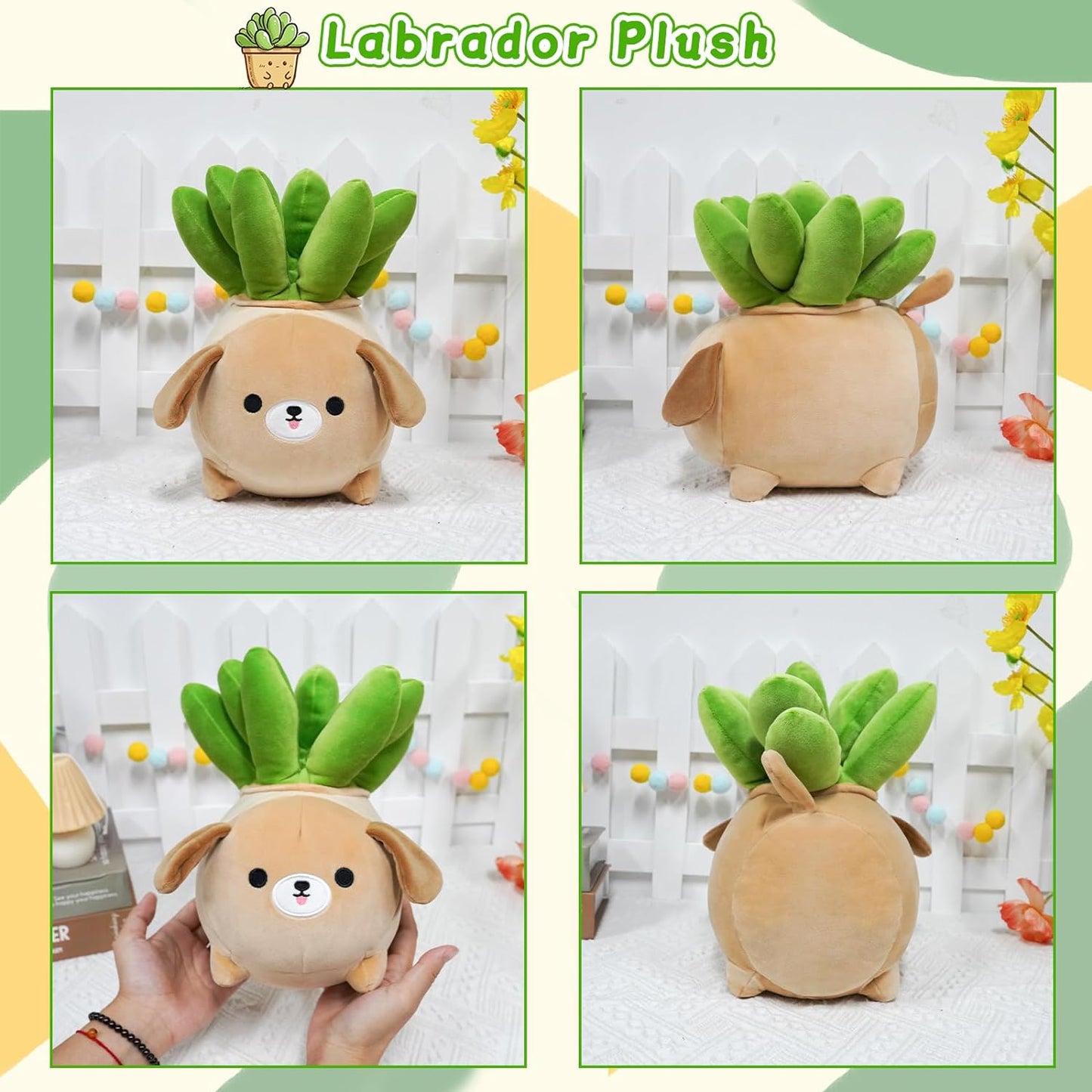 Dog Plush Pillow-10Inch Labrador Dog Stuffed Animal Toys, Soft Dog Plushie with Succulent Plant, Kawaii Stuffed Dog Plushies Doll for Kids,Girlfrend,Boyfriend